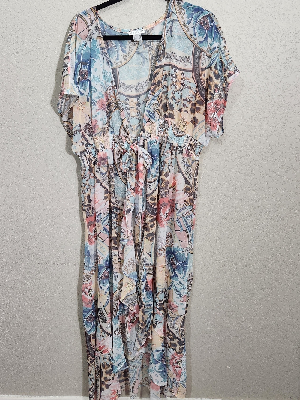 VENUS Blue Pink Cream Floral Tie-Front Swim Coverup Maxi